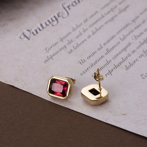 Light Luxury Simple Titanium Steel Candy Color Square Zircon Earrings With Geometric Pattern And Electroplating For Women