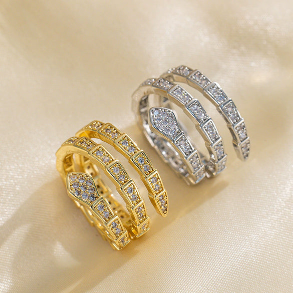Light Luxury Snakeshaped Snake Bone Ring For Women Copper 18K Gold Plated Diamond Design Adjustable