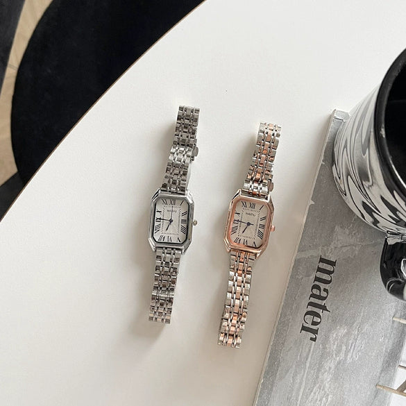 Light Luxury Square Women's Watch With Retro Roman Scale Stainless Steel Strap And Alloy Case