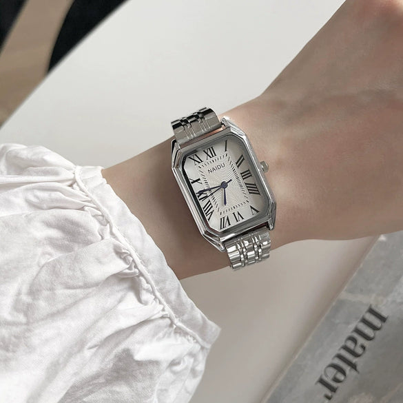 Light Luxury Square Women's Watch With Retro Roman Scale Stainless Steel Strap And Alloy Case