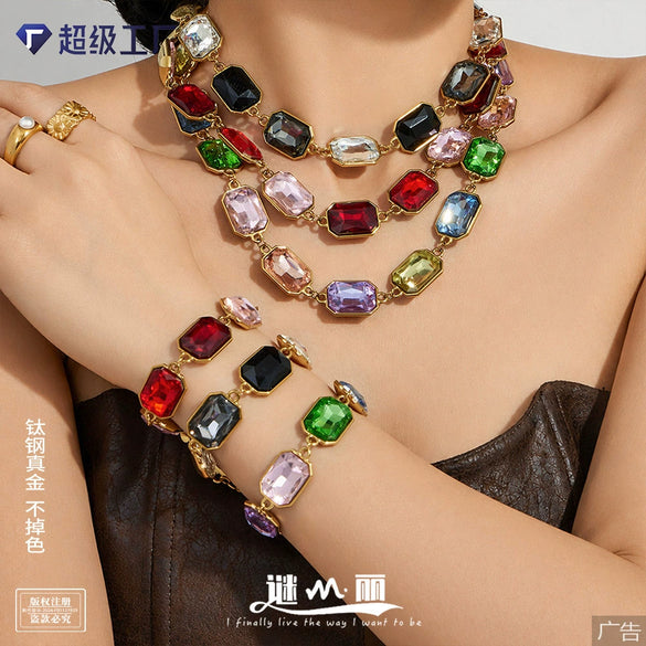 Light Luxury Stainless Steel Chain Jewelry Set With Zircon Stone Inlay And Electroplated Gold Finish Necklace And Bracelet For Women