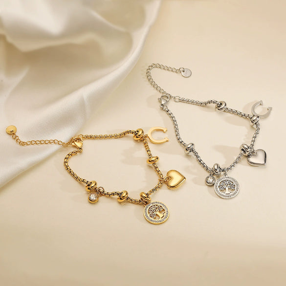 Light Luxury Stainless Steel Geometric Life Tree Pendant Bracelet For Women Plated And Inlaid With Zircon
