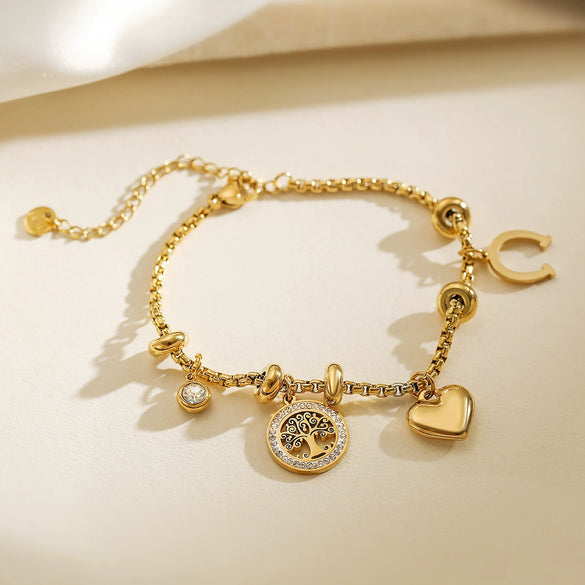 Light Luxury Stainless Steel Geometric Life Tree Pendant Bracelet For Women Plated And Inlaid With Zircon
