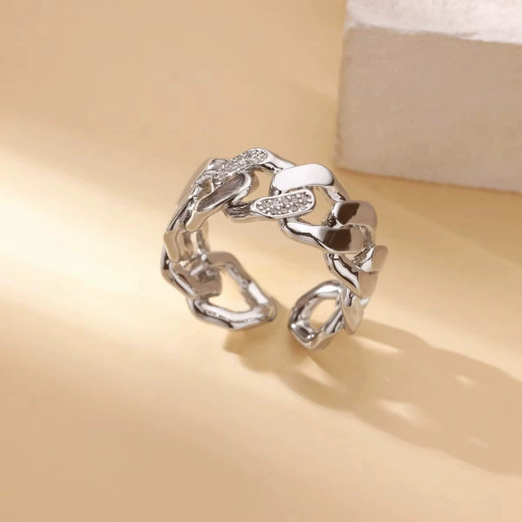 Light Luxury Stainless Steel Love Heart Opening Ring With Zircon Bow And Geometric Design Jewelry