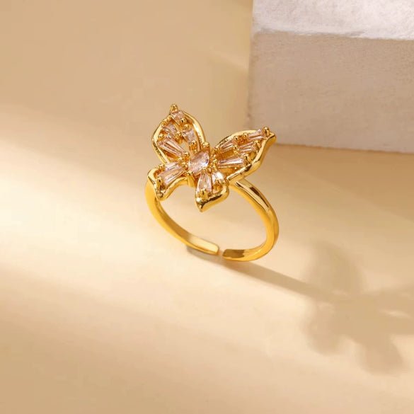 Light Luxury Stainless Steel Love Heart Opening Ring With Zircon Bow And Geometric Design Jewelry
