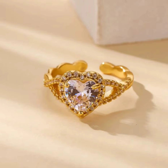 Light Luxury Stainless Steel Love Heart Opening Ring With Zircon Bow And Geometric Design Jewelry