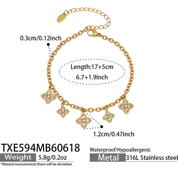 Light Luxury Stainless Steel Necklace And Bracelet Jewelry Set With Heart And Four Leaf Clover Geometric Pendant And Zircon Inlay Electroplated