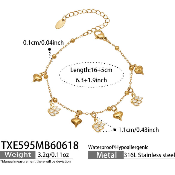 Light Luxury Stainless Steel Necklace And Bracelet Jewelry Set With Heart And Four Leaf Clover Geometric Pendant And Zircon Inlay Electroplated