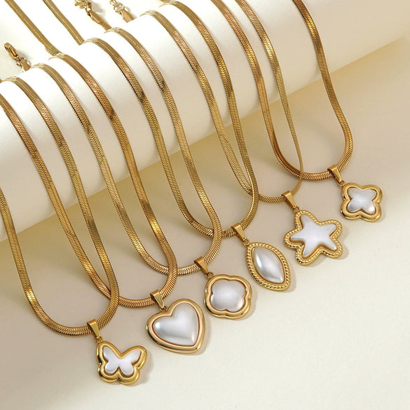 Light Luxury Stainless Steel Pearl Necklace And Earrings Set With Snake Bone Chain Electroplated Heart Drop Bell And Butterfly Design For Women