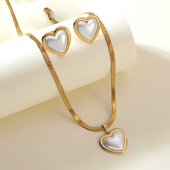 Light Luxury Stainless Steel Pearl Necklace And Earrings Set With Snake Bone Chain Electroplated Heart Drop Bell And Butterfly Design For Women
