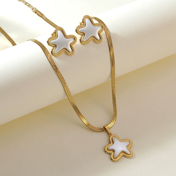 Light Luxury Stainless Steel Pearl Necklace And Earrings Set With Snake Bone Chain Electroplated Heart Drop Bell And Butterfly Design For Women