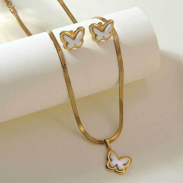 Light Luxury Stainless Steel Pearl Necklace And Earrings Set With Snake Bone Chain Electroplated Heart Drop Bell And Butterfly Design For Women