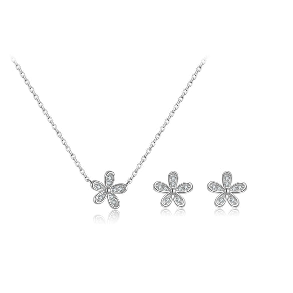 Light Luxury Style Floral S925 Sterling Silver Necklace And Cool Earrings With Platinum Or 18K Gold Electroplating