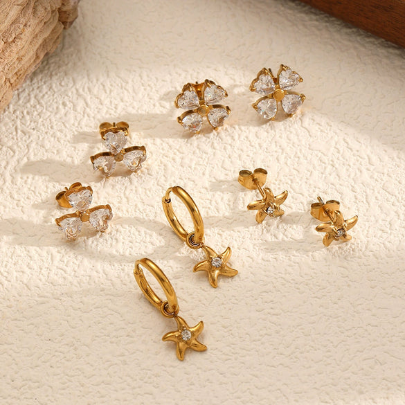 Light Luxury Style Stainless Steel Starfish Earrings Set With Diamonds And Flower Pattern For Women
