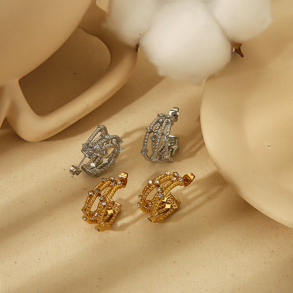 Light Luxury Style Titanium Steel Cshaped Earrings With Inlaid Zircon And Geometric Letters Numbers Text Pattern