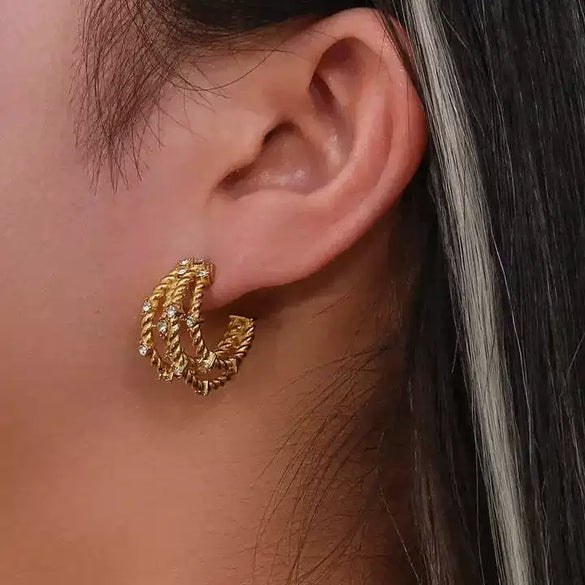 Light Luxury Style Titanium Steel Cshaped Earrings With Inlaid Zircon And Geometric Letters Numbers Text Pattern