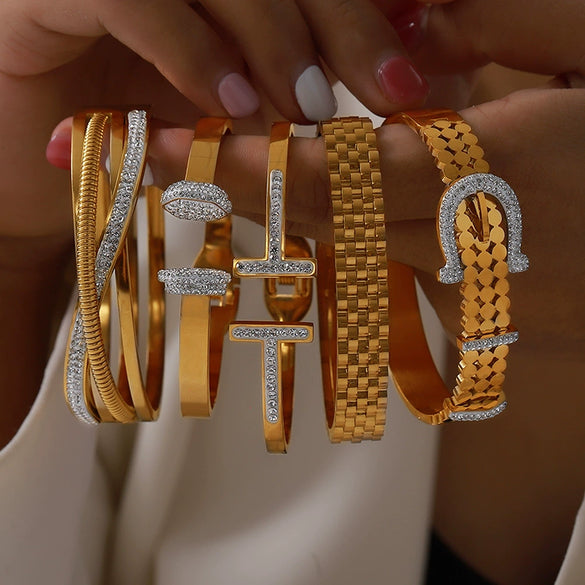 Light Luxury Style Titanium Steel Gold Plated Creative Bracelet With Geometric Pattern And Opening Design For Women