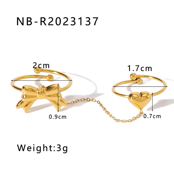 Light Luxury Texture Bow Love Shape Peach Heart Bow Chain Stacked Stainless Steel Open Tail Ring With 18K Furnace Vacuum Plating
