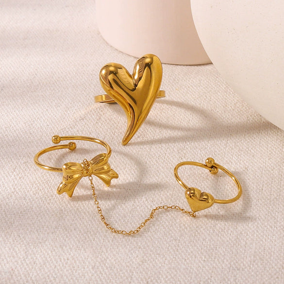 Light Luxury Texture Bow Love Shape Peach Heart Bow Chain Stacked Stainless Steel Open Tail Ring With 18K Furnace Vacuum Plating