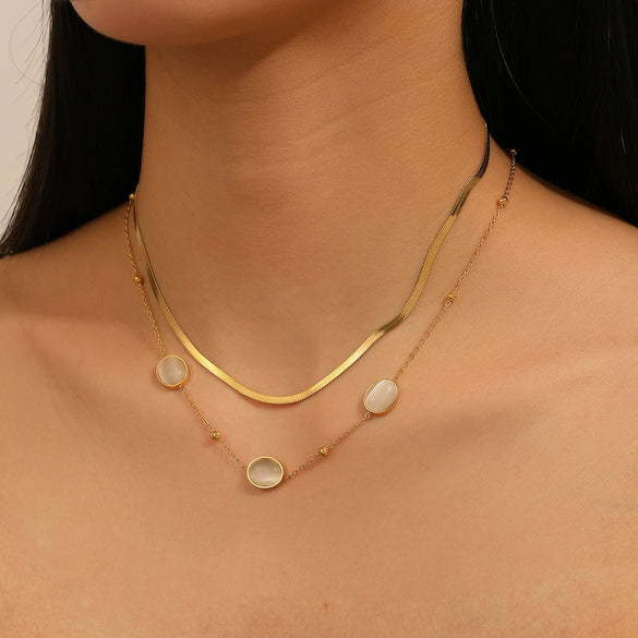 Light Luxury Titanium Steel Double Layer Cat's Eye Necklace With Geometric Pattern For Women