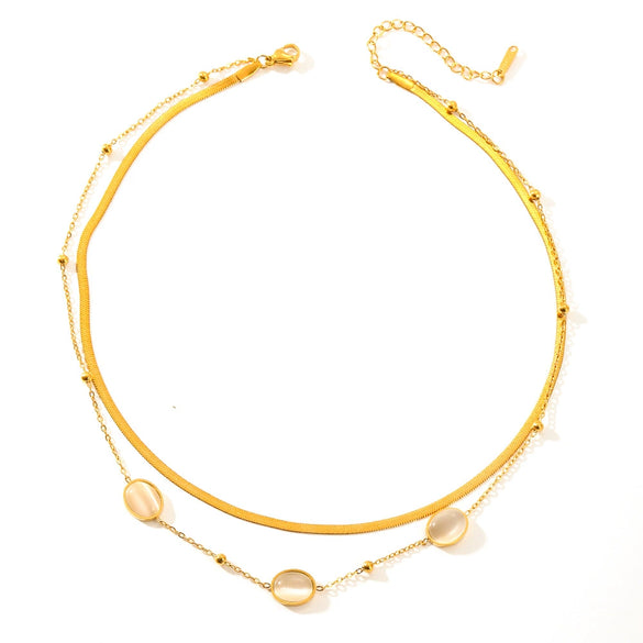 Light Luxury Titanium Steel Double Layer Cat's Eye Necklace With Geometric Pattern For Women