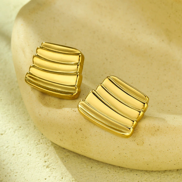 Light Luxury Titanium Steel Geometric Irregular Hammered Pleated Stainless Steel Hollow Vintage Women's Earrings With Electroplating