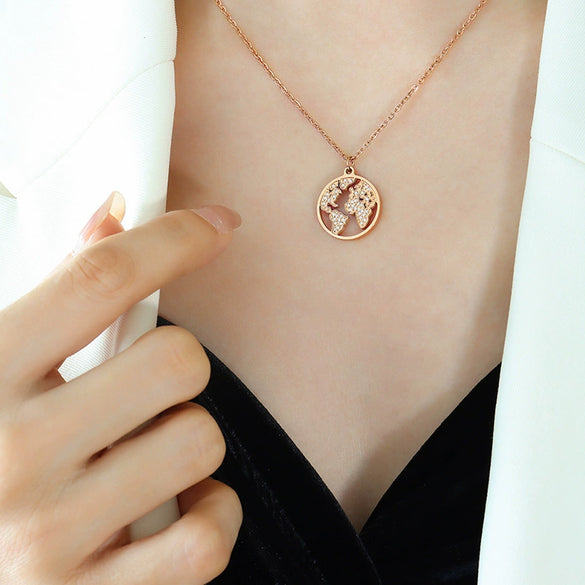 Light Luxury 316L Stainless Steel Zircon Map Necklace And Bracelet Set With Electroplating For Women