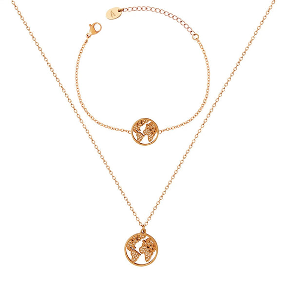 Light Luxury 316L Stainless Steel Zircon Map Necklace And Bracelet Set With Electroplating For Women
