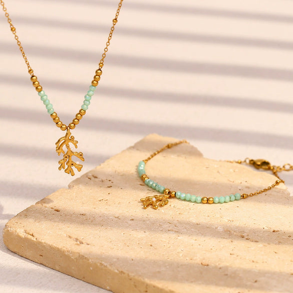 Light Luxury Tree Branch Green Fresh Necklace And Bead Natural Stone Bracelet In Stainless Steel With Electroplating Geometric Shape