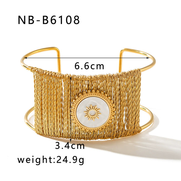 Light Luxury Wide Bracelet For Women Titanium Steel Plated 18K Gold With Inlaid Natural Stone Electroplated