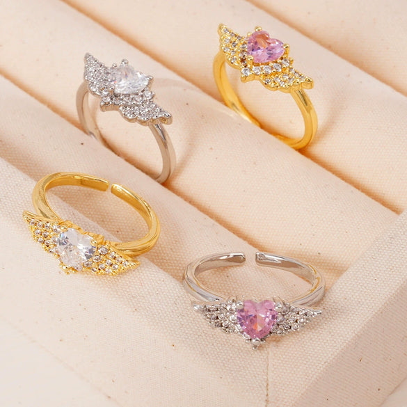 Light Luxury Women's Copper Ring Inlaid With Zircon Wing Heart Shape Electroplated