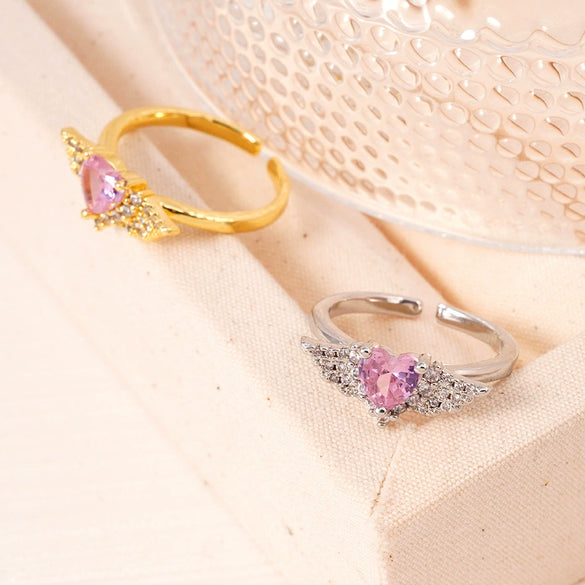 Light Luxury Women's Copper Ring Inlaid With Zircon Wing Heart Shape Electroplated