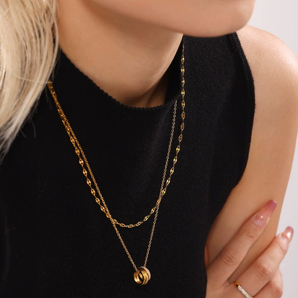 Light Luxury Women's Three Ring Stacked Clavicle Necklace In Mixed Color With Diamond Like Zircon On Stainless Steel Electroplated Geometric Design
