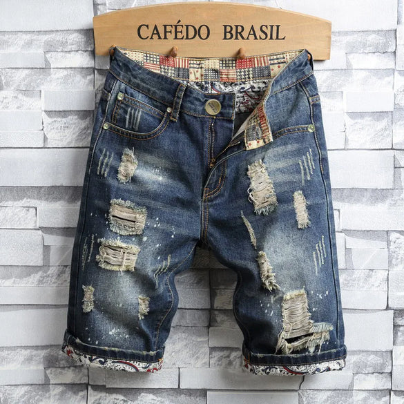 Lined Jeans Men'S Ragged Five-Point Beggar Pants Four Seasons Trendy Brand Personalized Men'S Jeans Jeansmen