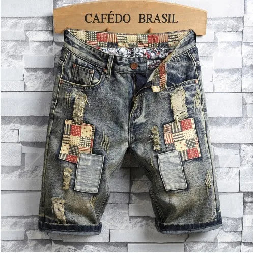Lined Jeans Men'S Ragged Five-Point Beggar Pants Four Seasons Trendy Brand Personalized Men'S Jeans Jeansmen