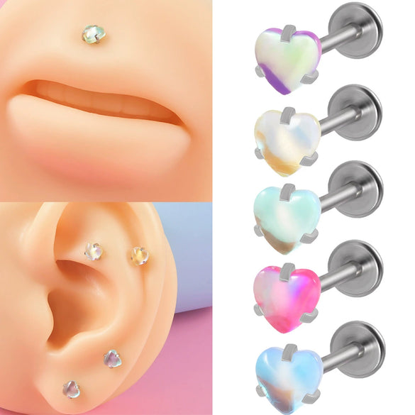 Lip Ring Stainless Steel Heartshaped Glitter Film Stone Oil Process Dark Love Pink And Blue