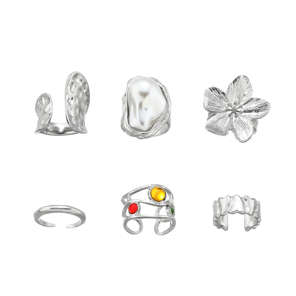 Liquid Lava Flower Open Ring With Baroque Imitation Pearl And Gemstone Inlaid Zinc Alloy Geometric Pattern Electroplating For Women