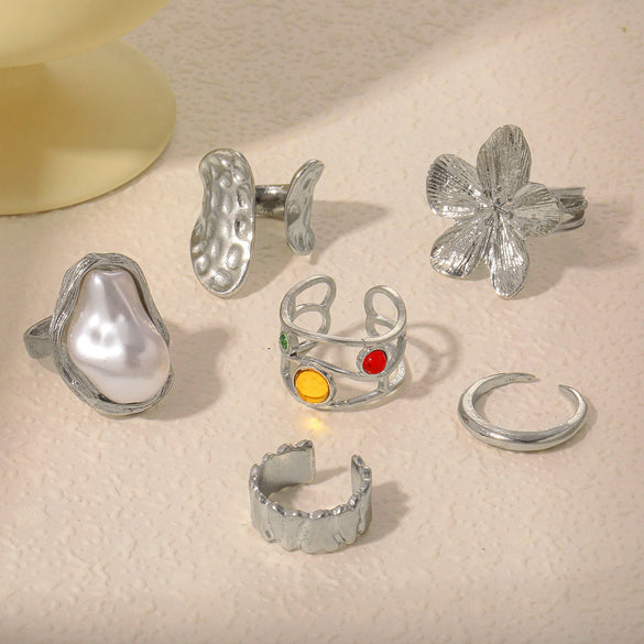 Liquid Lava Flower Open Ring With Baroque Imitation Pearl And Gemstone Inlaid Zinc Alloy Geometric Pattern Electroplating For Women