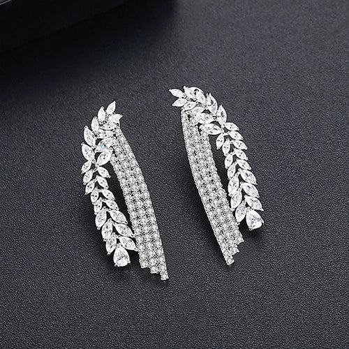 Long Branchshaped Geometric Copper Drop Earrings With Crystal Zircon Inlay And Electroplated Finish For Women