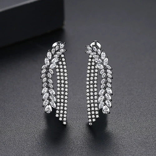 Long Branchshaped Geometric Copper Drop Earrings With Crystal Zircon Inlay And Electroplated Finish For Women