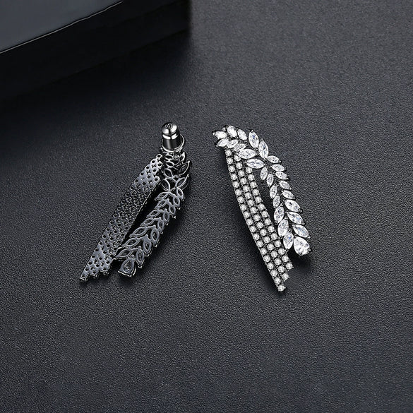 Long Branchshaped Geometric Copper Drop Earrings With Crystal Zircon Inlay And Electroplated Finish For Women