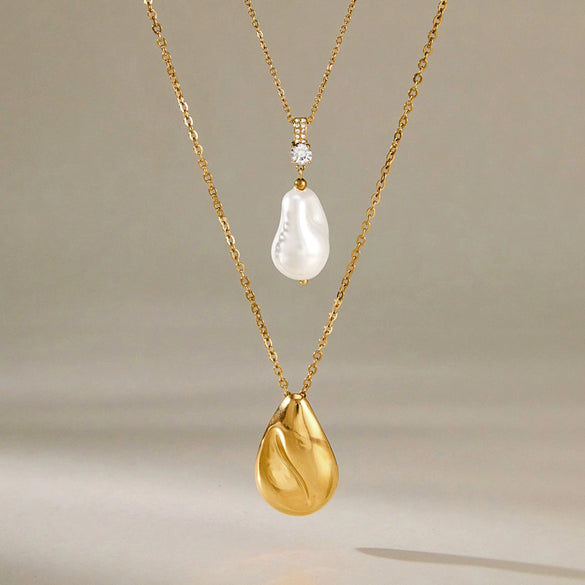 Long Geometric Glass Pearl Necklace In Stainless Steel With Vacuum Gold Plating For Women