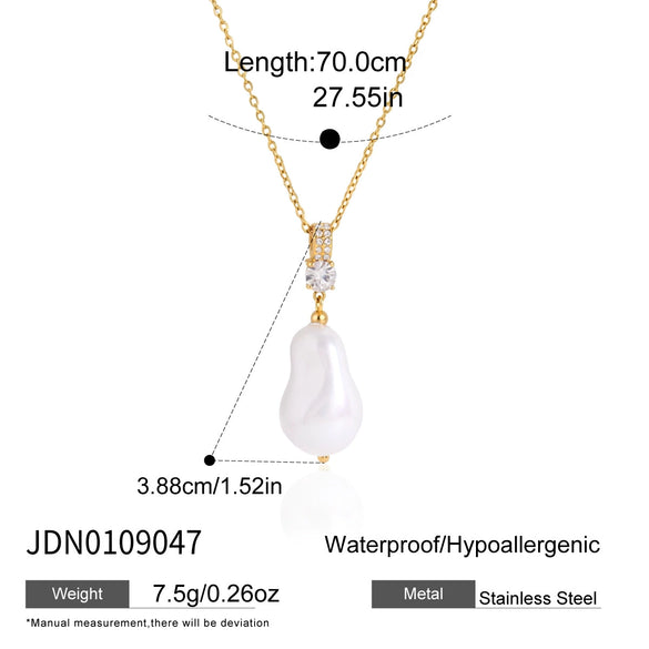 Long Geometric Glass Pearl Necklace In Stainless Steel With Vacuum Gold Plating For Women