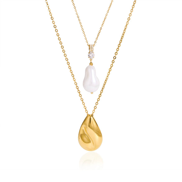 Long Geometric Glass Pearl Necklace In Stainless Steel With Vacuum Gold Plating For Women