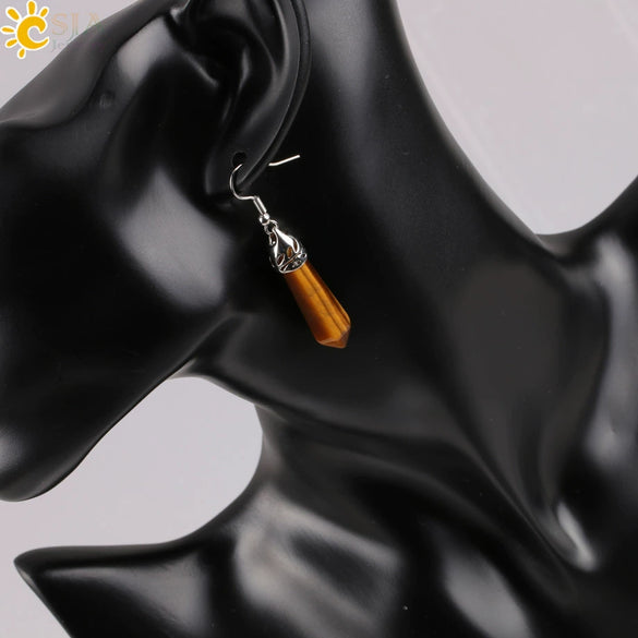 Long Hexagonal Prism Natural Crystal Gem Earrings For Women Personality Style Statement Jewelry