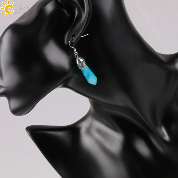 Long Hexagonal Prism Natural Crystal Gem Earrings For Women Personality Style Statement Jewelry
