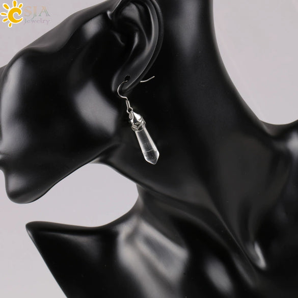 Long Hexagonal Prism Natural Crystal Gem Earrings For Women Personality Style Statement Jewelry