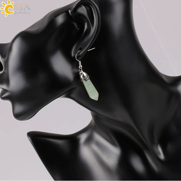 Long Hexagonal Prism Natural Crystal Gem Earrings For Women Personality Style Statement Jewelry