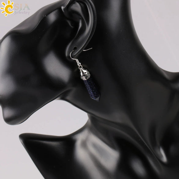Long Hexagonal Prism Natural Crystal Gem Earrings For Women Personality Style Statement Jewelry