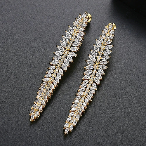 Long Leaf Geometric Copper Zircon Drop Earrings For Women With Electroplated Finish And Statement Fashion Design